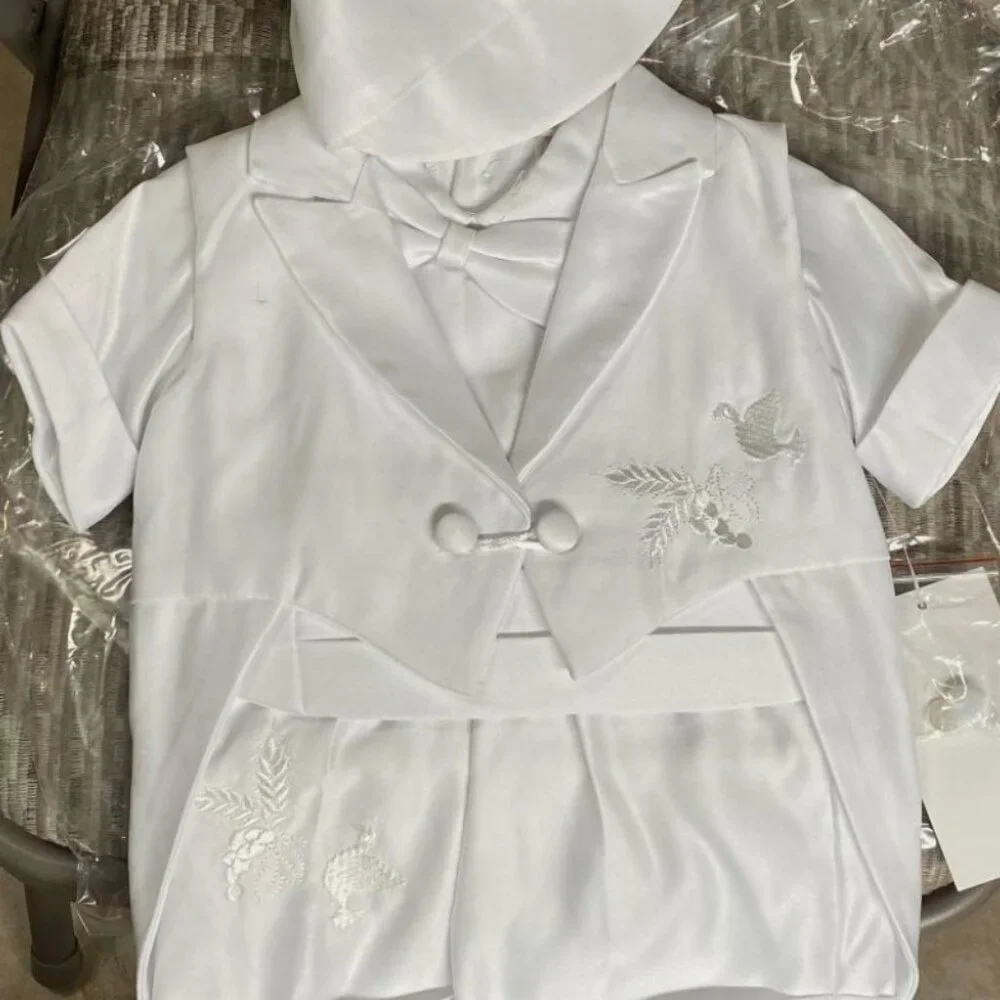 White Baby Boys' Matching Baptism Set with Embroidered Dove
